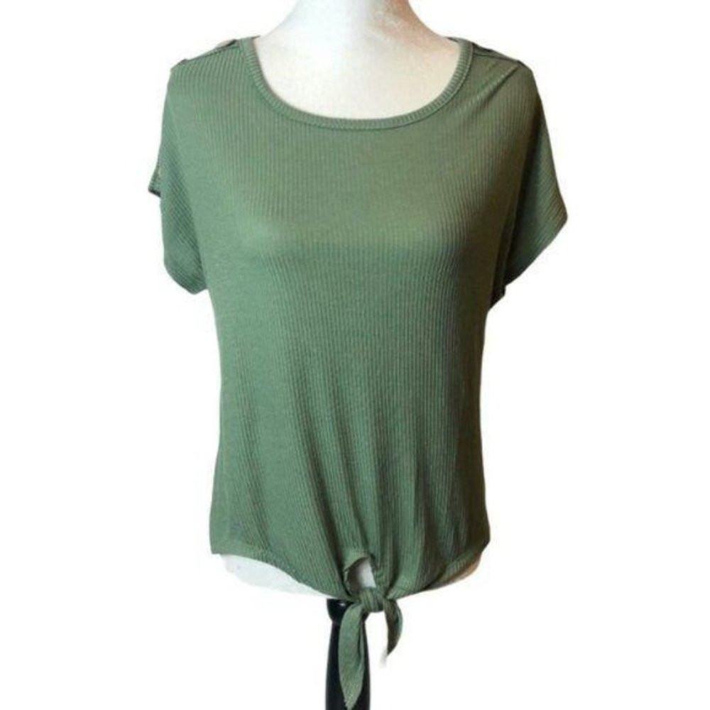 French Laundry Ribbed Short Sleeve Green Top Small Womens Green Casual